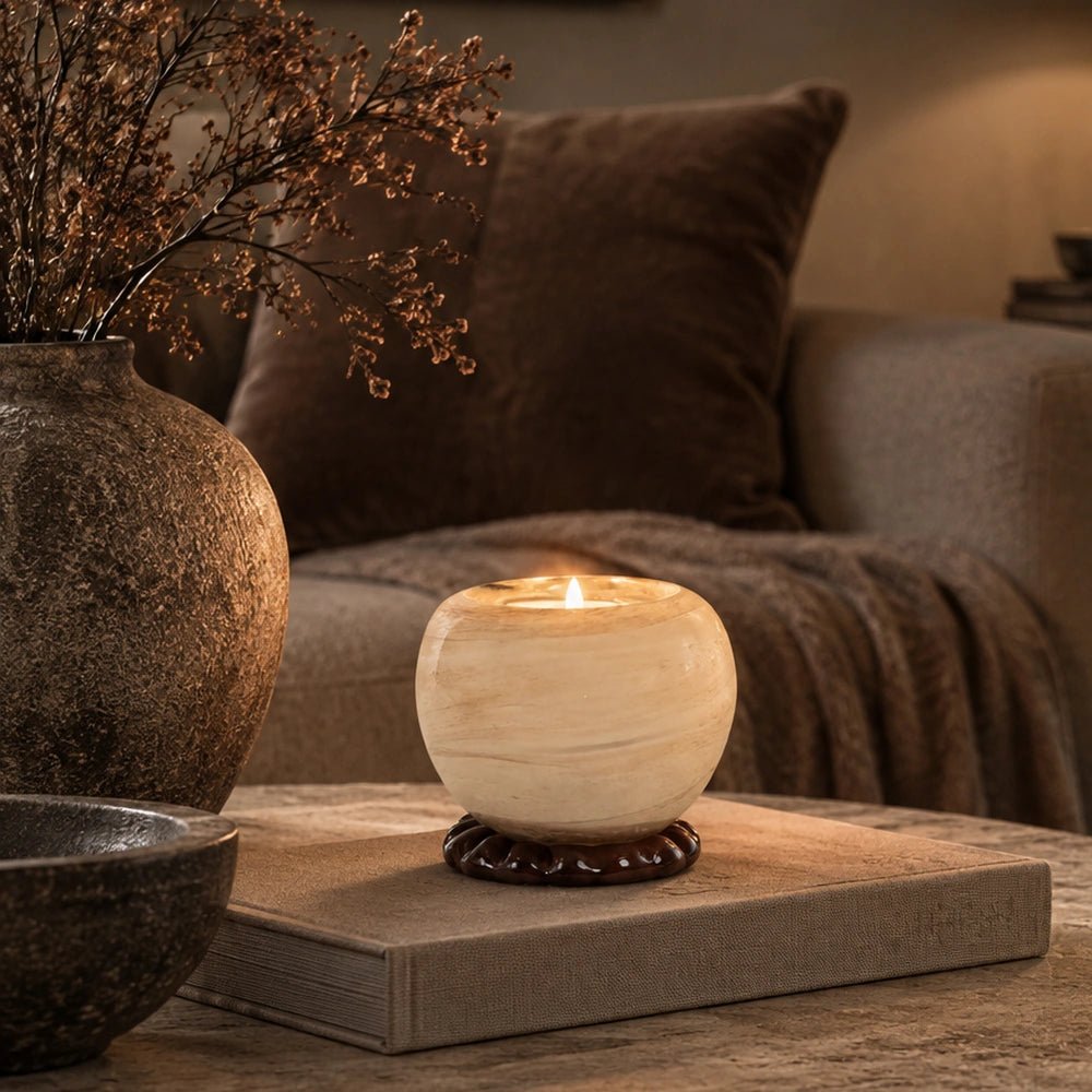 Ravello Glass Candle Holder, Smoke with a glowing candle, styled on a side table beside dried foliage, dark ceramics and soft neutral living room seating.