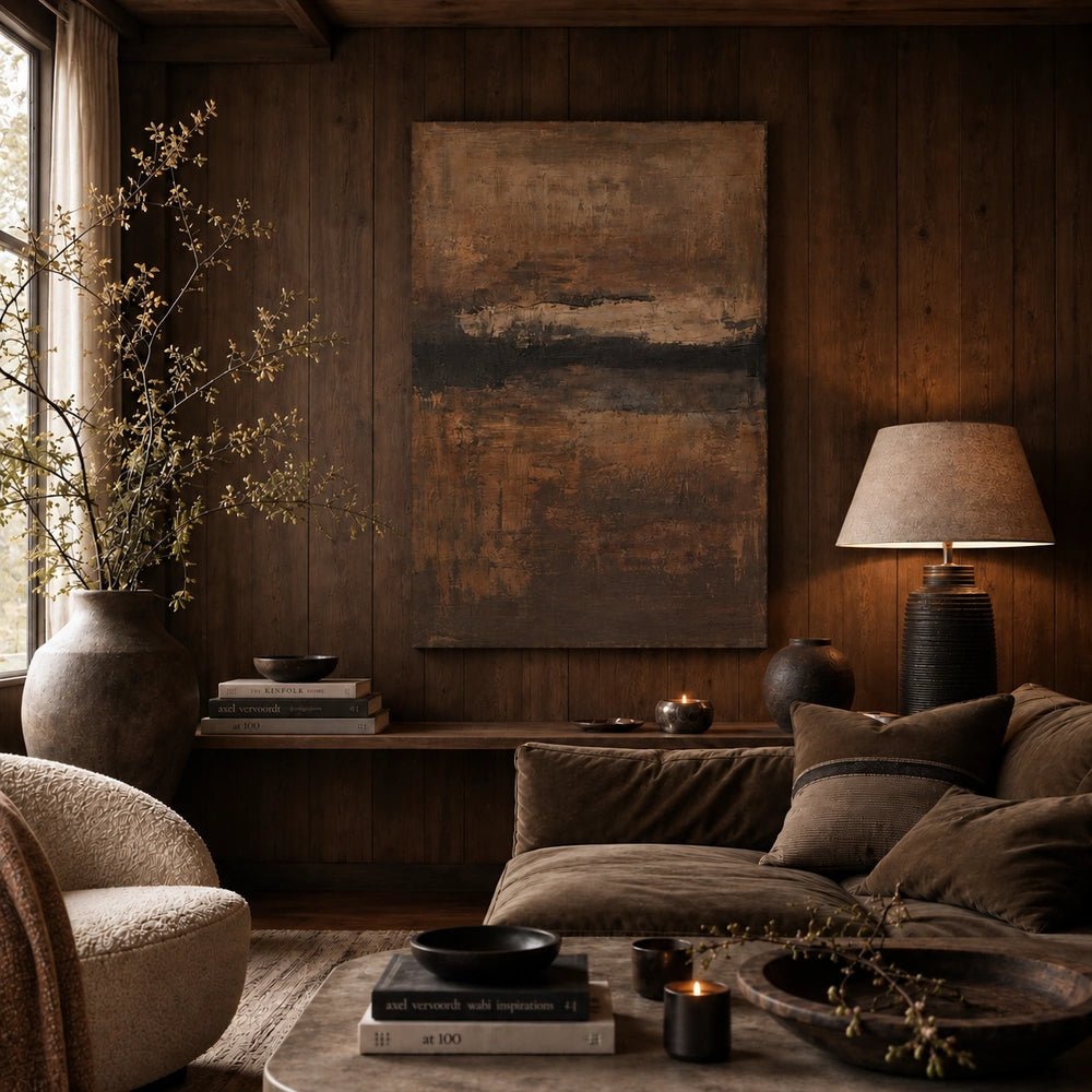 Reverie Canvas Art displayed in a warm wood-panelled living room, featuring textured brown and charcoal abstract layers above neutral seating and decorative accessories.