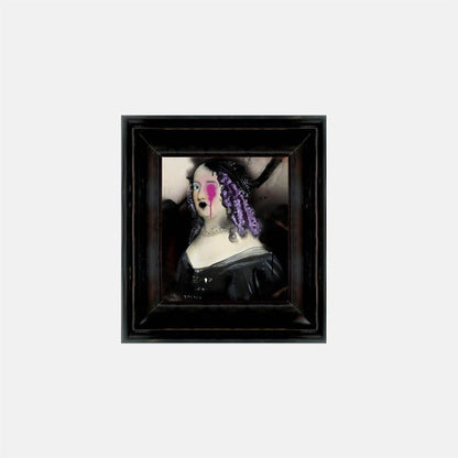 Graffitied monochrome female portrait with purple accents in a black frame