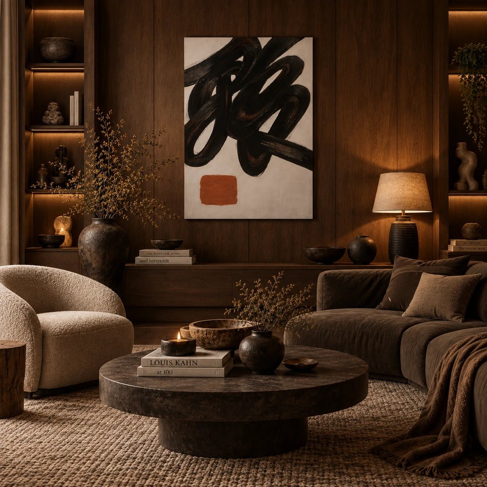 Romer Abstract Canvas displayed above a dark console, featuring bold black swirling artwork with sculptural objects, books and warm contemporary interior styling.
