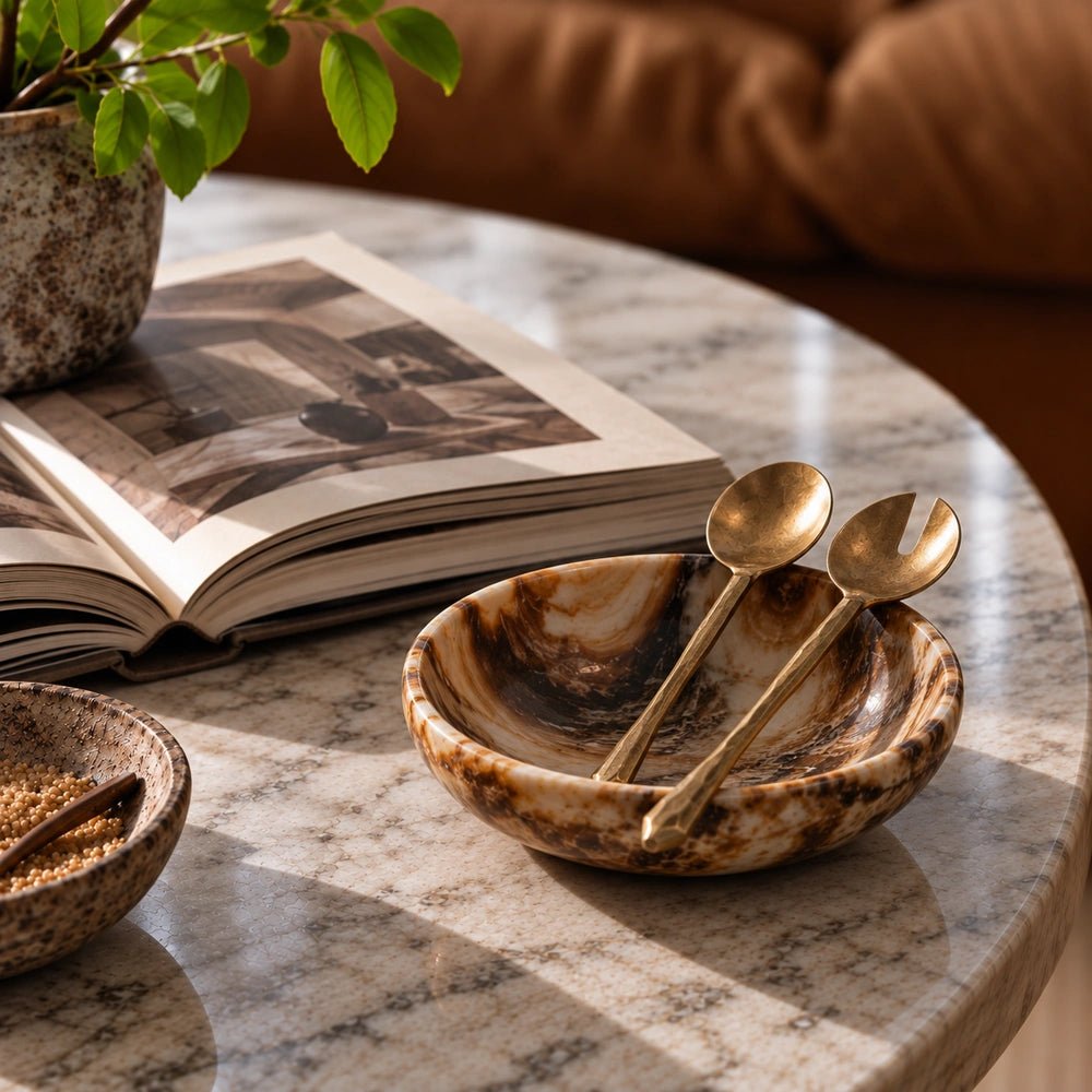Rooke Metal Salad Servers resting inside a marbled serving bowl on a stone table, styled with an open book and small decorative bowl.