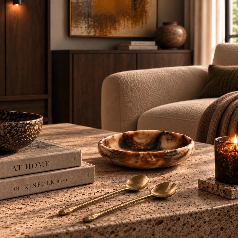Rooke Metal Salad Servers displayed on a textured coffee table in a warm living room, beside a marbled bowl, stacked books and candle.