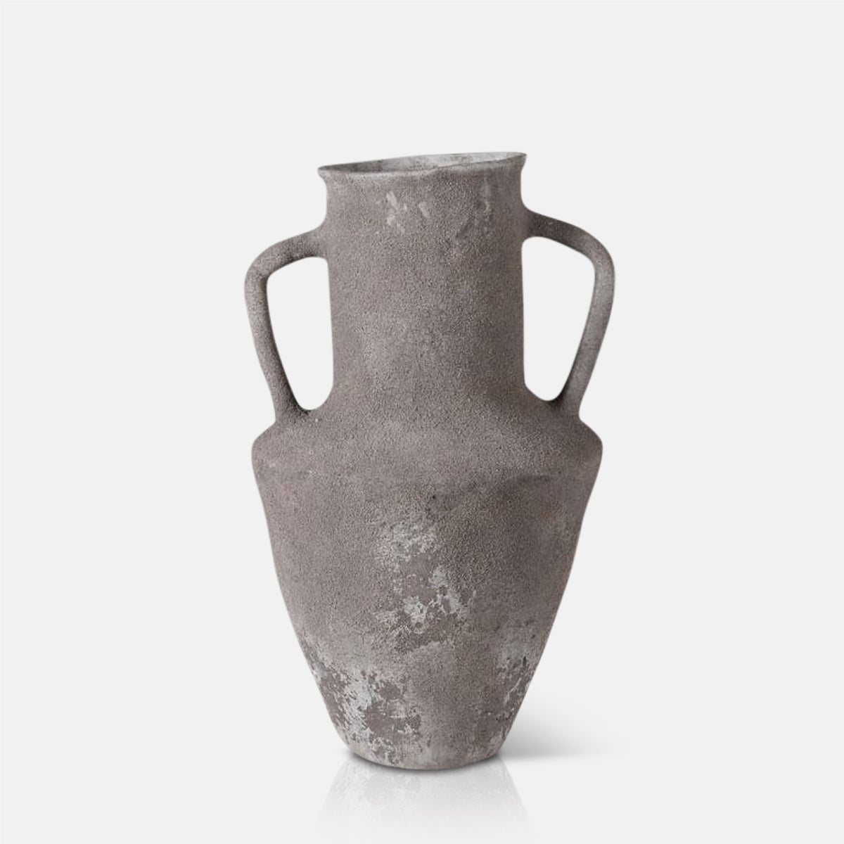 A cutout of the Rowan Terracotta Vase, an angular grey amphora shaped vase with two handles.