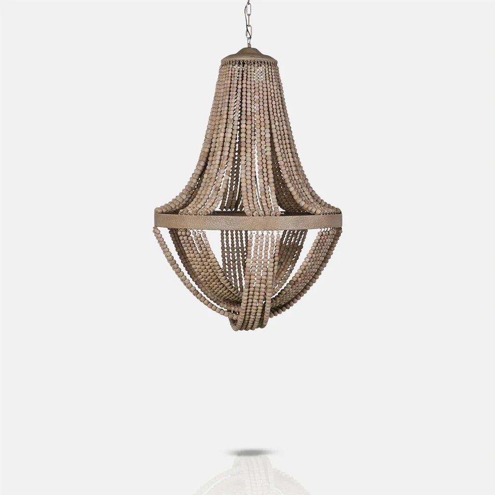 Roxham beaded chandelier with a tapered upper section, broad circular band and curved lower bead strands, suspended from a chain in a warm neutral finish.