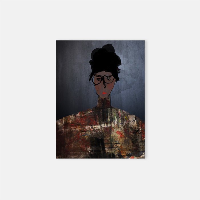 Ruby, an abstract female portrait wearing glasses, a colourful jumper and long hair piled up in a bun against a grey background