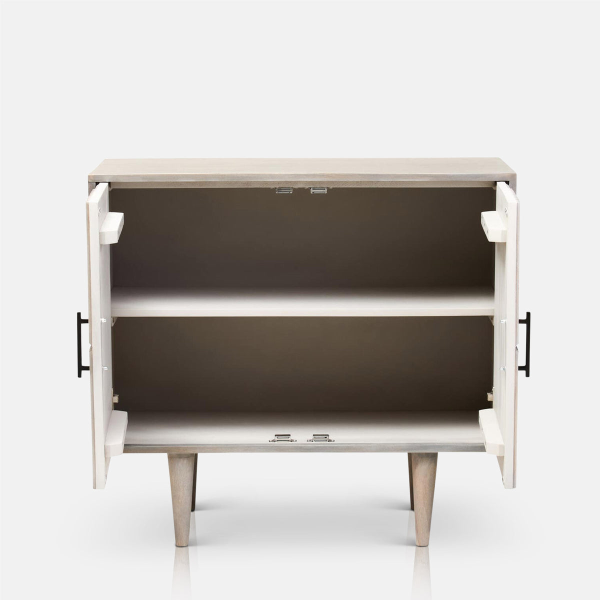 Abigail Ahern Rushmoor Sideboard featuring a light natural mango wood finish, two textured doors and distinctive carved geometric pattern for a statement storage piece.