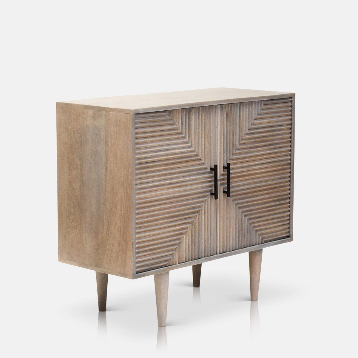Abigail Ahern Rushmoor Sideboard featuring a pale natural mango wood finish, two textured doors and distinctive carved geometric pattern for a statement storage piece.