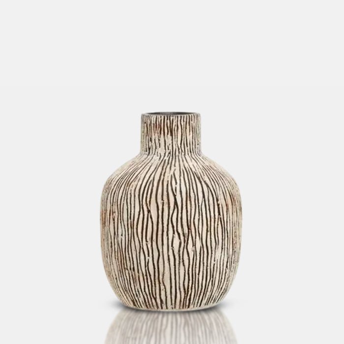 Cutout of Sahara Earthenware Vase, a large bottle shaped stone coloured vase with vertical asymmetric stripes and a rustic look