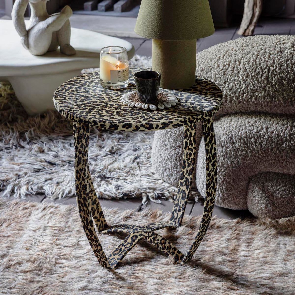 Savannah Leopard Print Side Table, Light