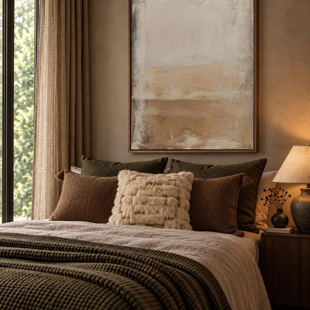 Serenity Canvas Art in a dark frame above a wooden console, styled with a cream lamp, sculptural vessels and layered neutral decorative objects.