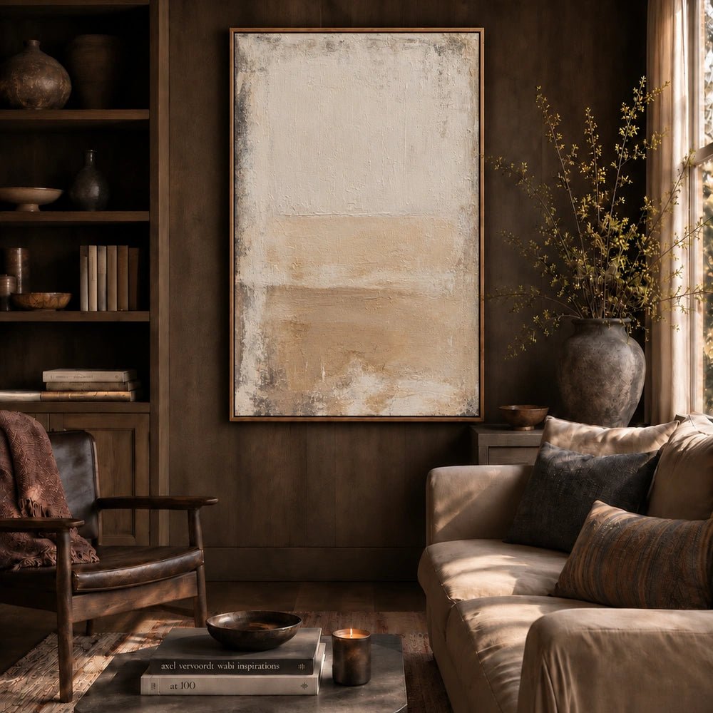 Serenity Canvas Art in a dark frame above a neutral sofa, styled with sculptural lighting, textured cushions and warm contemporary living room furnishings.