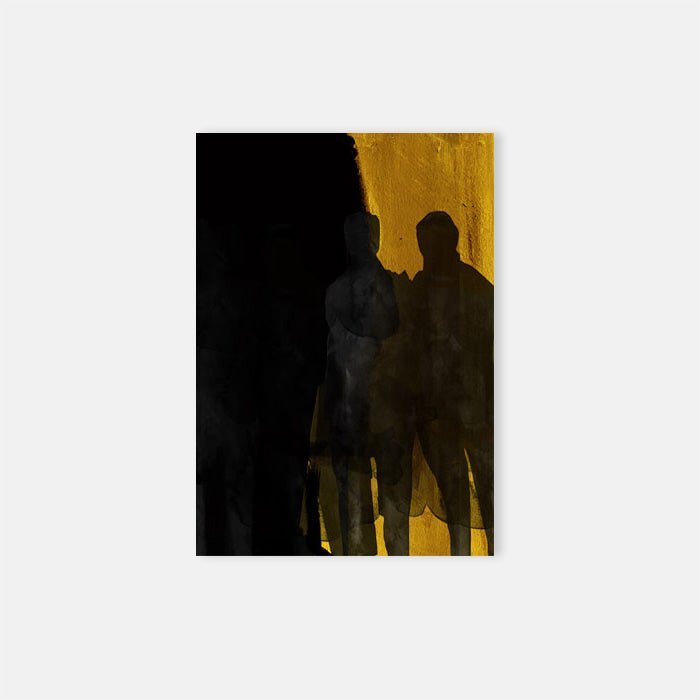 Shadows, a rectangular print of two shadowy figures in a dark tone against a block background in black and mustard yellow.