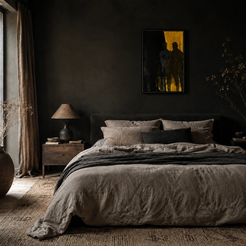 Shadows artwork styled in a warm contemporary room with neutral furniture, layered natural textures, sculptural lighting and carefully arranged decorative accessories.