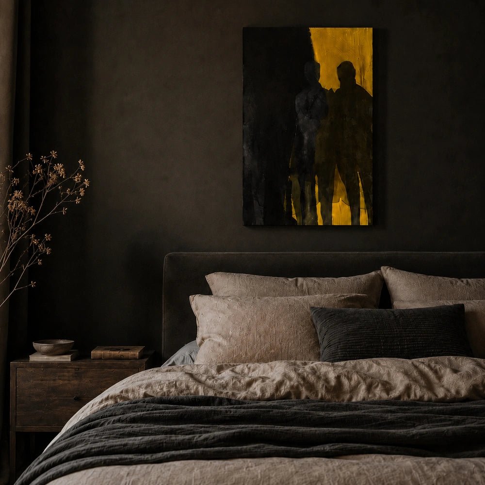 Shadows artwork displayed on a warm interior wall, styled above contemporary furniture with layered neutral textures, sculptural lighting and decorative accessories.