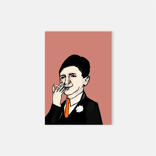 Male suited figure with an orange tie smoking on a pink background