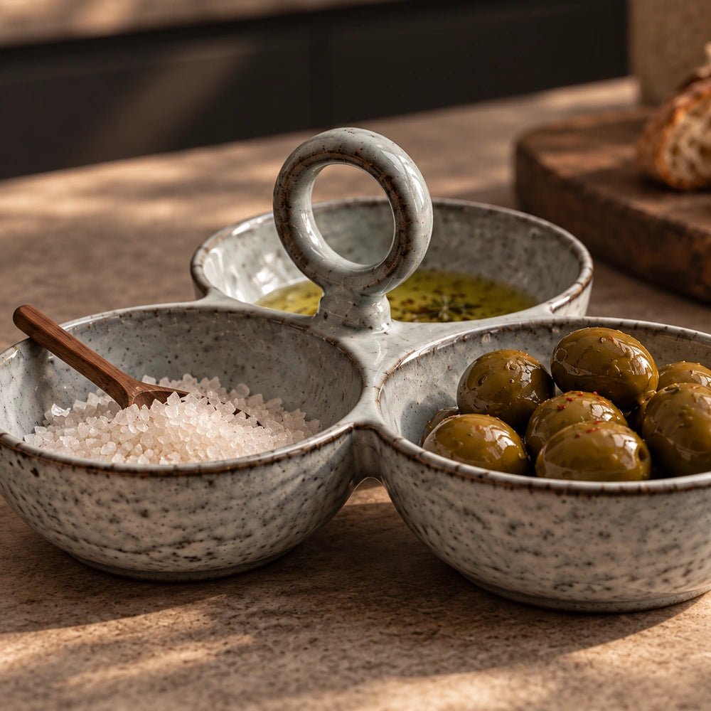 Somerton Ceramic Serving Bowls arranged on a tabletop with salt, olives and oil, showing the speckled glazed finish and connected three-bowl serving design.