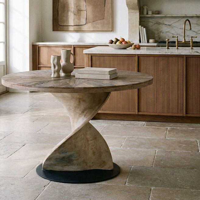 Abigail Ahern Spelthorne Wooden Dining Table showcasing its rich natural wood finish, round tabletop and distinctive twisted wooden base in a contemporary kitchen.