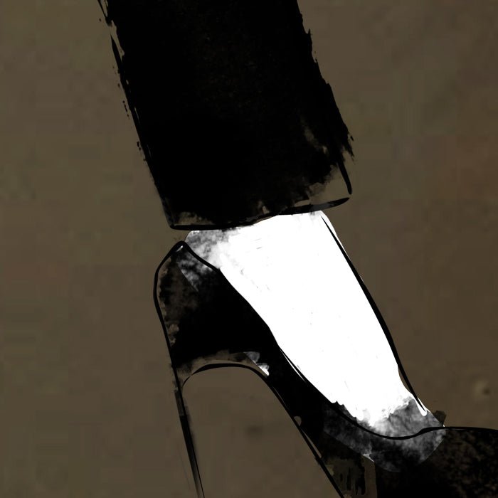 A foot in a high heel on an olive green background