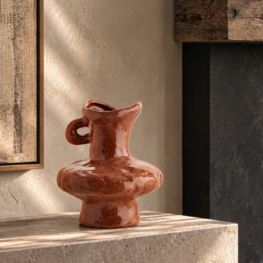 Sylvie Stoneware Vase with sculptural curved form and glossy earthy surface, displayed on a pale stone console beside framed artwork and a dark fireplace.
