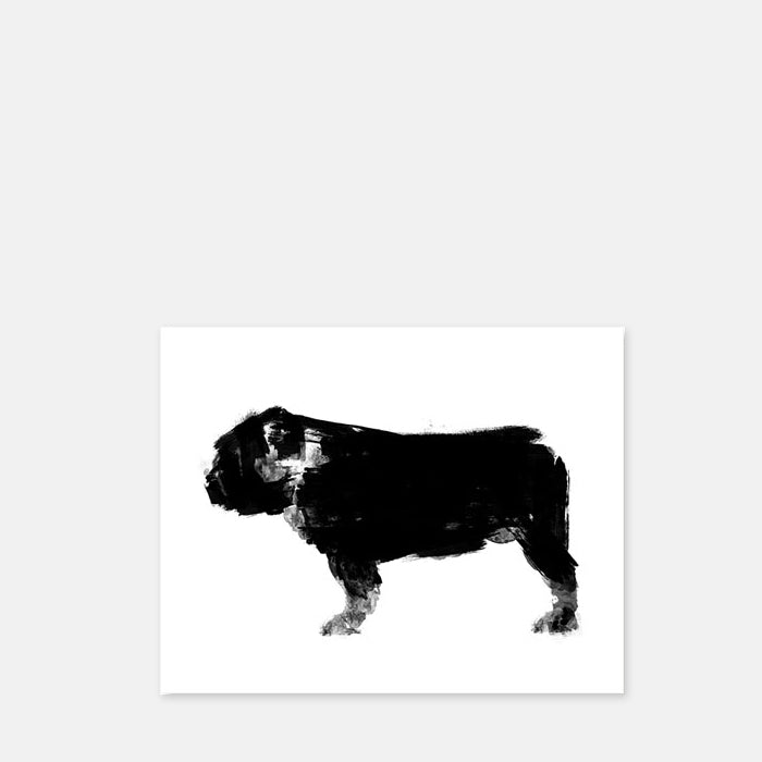 Black and white abstract print of a bulldog on white paper