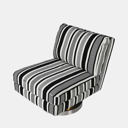 Image of the Temara Swivel chair with its bold, monochromatic striped fabric. It has very plush and comfortable cushions and a wide seat over a metallic swivel base.