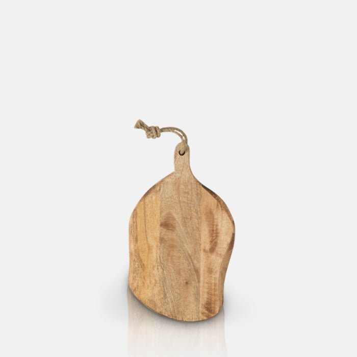 A cutout of the Teram Wooden Board, a small serving board in light wood with an organic shape and a short rope handle.