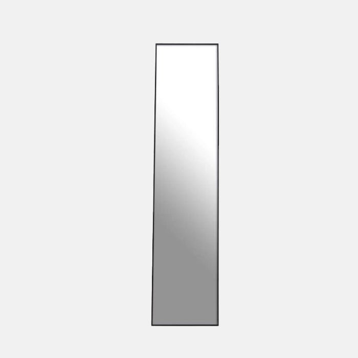 The Teresa Black Floor Mirror, a tall slim rectangular mirror in a contemporary style with an ultra-slim black aluminium frame.
