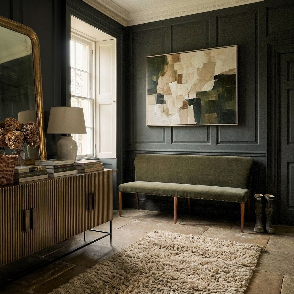 Abigail Ahern Thorne Velvet Bench featuring a long, generously proportioned upholstered seat, soft velvet finish and natural oak wood frame, styled in a traditional hallway, perfect for putting on shoes.