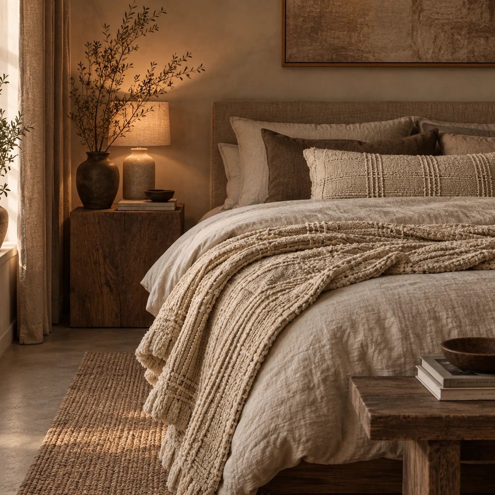 Thornton Knitted Throw in cream draped over a neutral bed, highlighting its chunky woven texture and raised stripe detail in a softly styled bedroom.