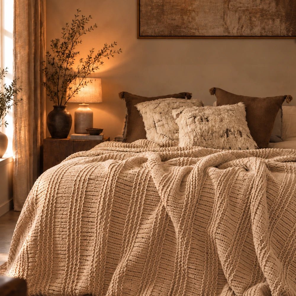 Thornton Knitted Throw in cream folded over a neutral armchair, showing its chunky tactile weave and raised stripe pattern in a softly styled room.