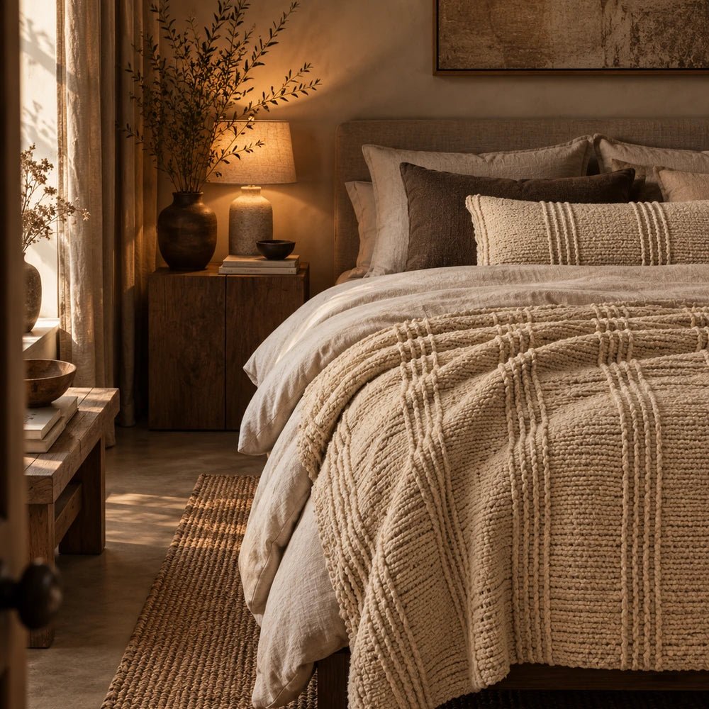 Thornton Knitted Throw in cream draped across a layered neutral bed, showing chunky raised texture within a warm, softly lit contemporary bedroom.