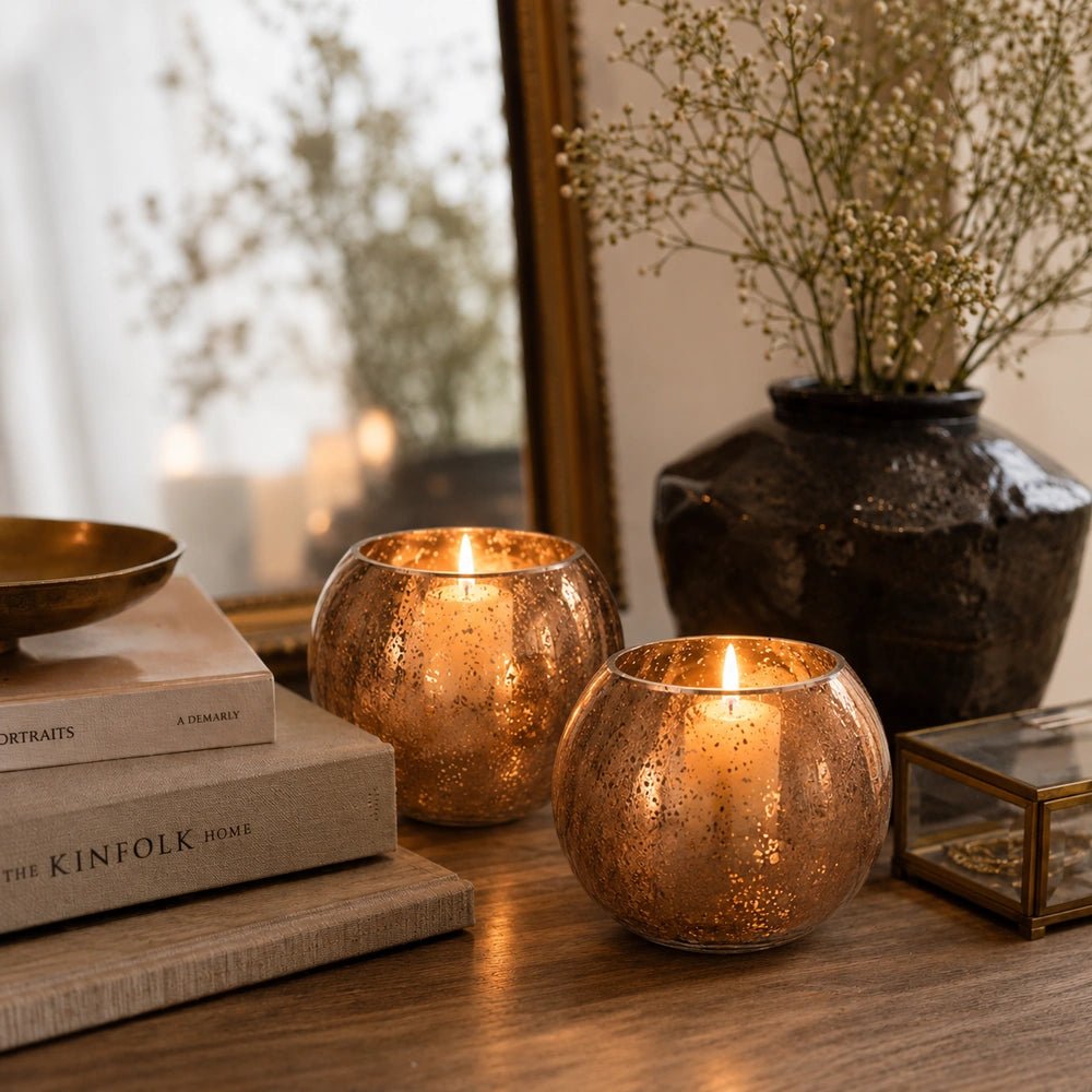 Tindra Glass Candle Holders grouped on a tabletop, showing warm amber textured glass forms beside books, dark ceramics and softly styled neutral interior details.