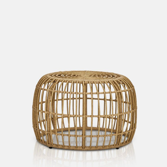 Cutout on a white background of the Viden Side Table. This is a round side table made from artificial wicker that makes it perfect for statement outdoor furniture.