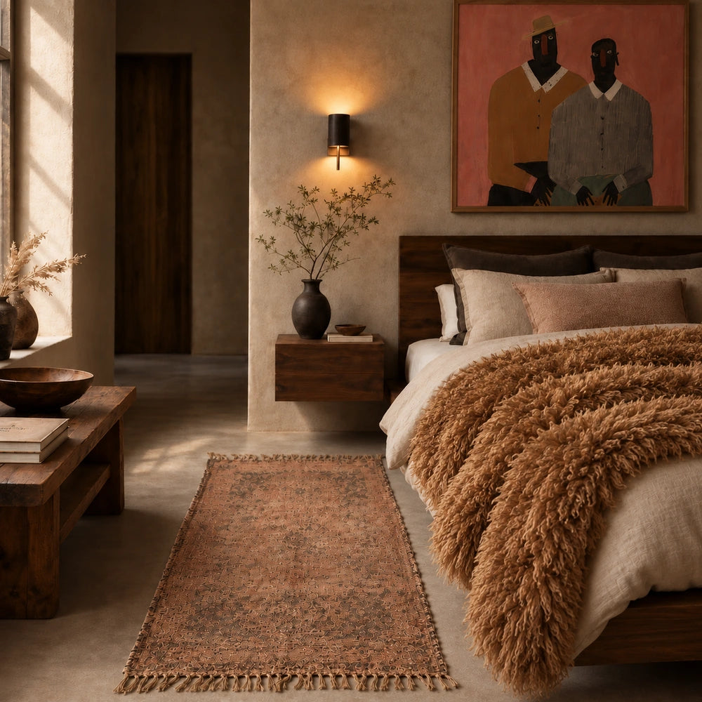 Warrick Faux Fur Throw, Brown layered across a neutral bed, showing plush shaggy texture with cream cushions and warm contemporary bedroom styling.