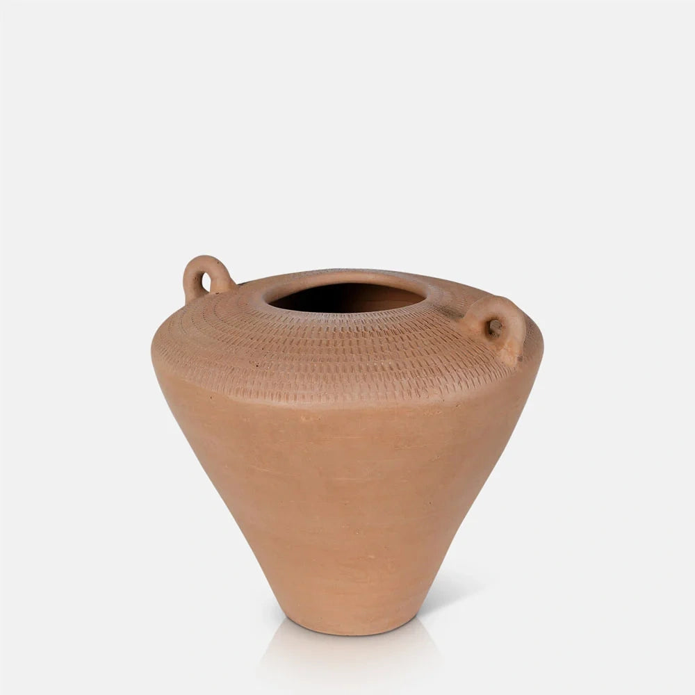 Westbrook ceramic vase with a warm terracotta finish, tapered rounded body, broad circular opening and two small loop handles features textured markings across its shoulders.