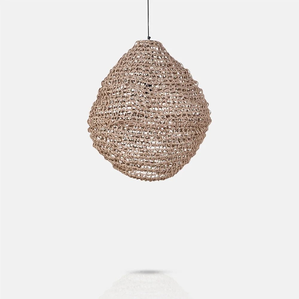 Westcott paper rope pendant with a natural brown woven shade, rounded teardrop silhouette and open textured construction hangs from a slender dark suspension cord.