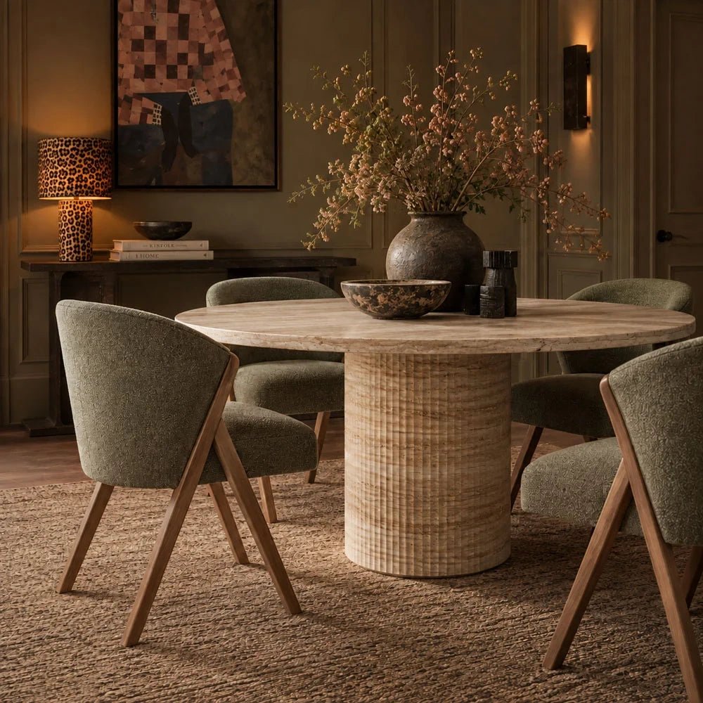 Wilcox faux travertine dining table with a pale round top and cylindrical pedestal stands among upholstered chairs, styled with bowls and foliage in a dining room.