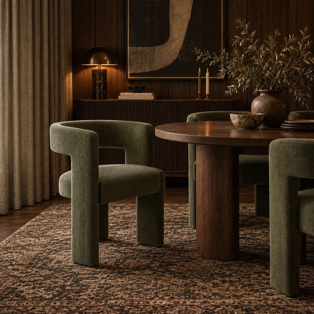 Yuki dining chairs in olive green textured upholstery surround a dark round table, showing curved wraparound backs and thick legs in a softly lit dining room.