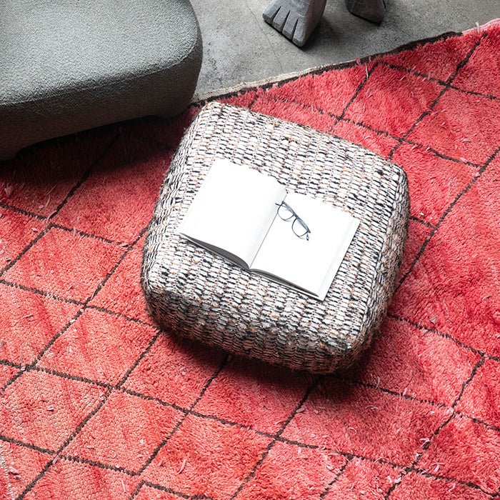 Vintage berber rug in red and black diamond pattern design.