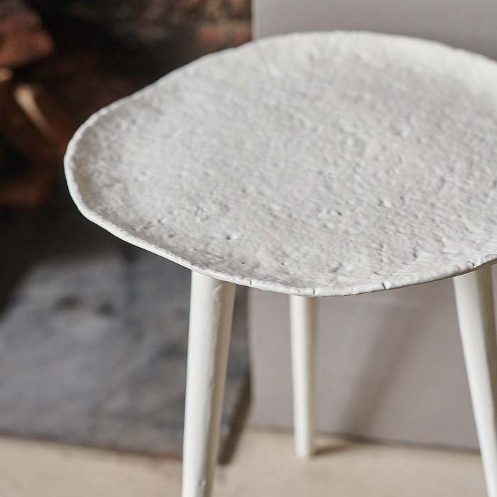 Rustic organic texture on white metal side table.