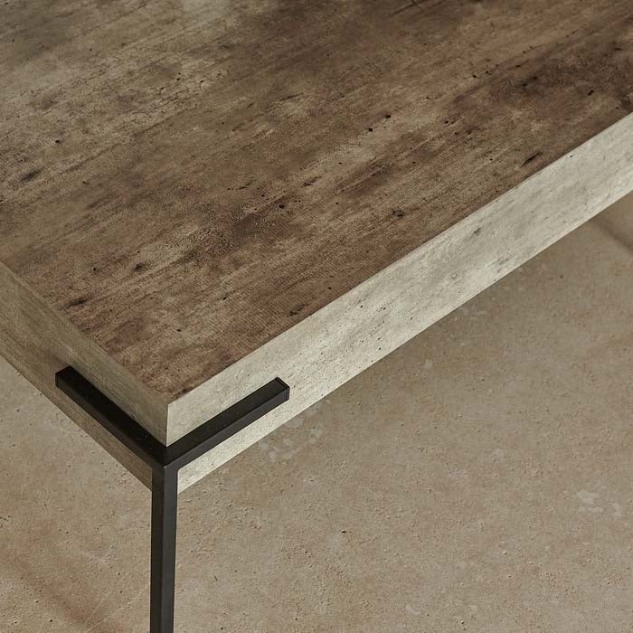 Alberton coffee table closeup concrete finish black metal legs industrial modern furniture detail
