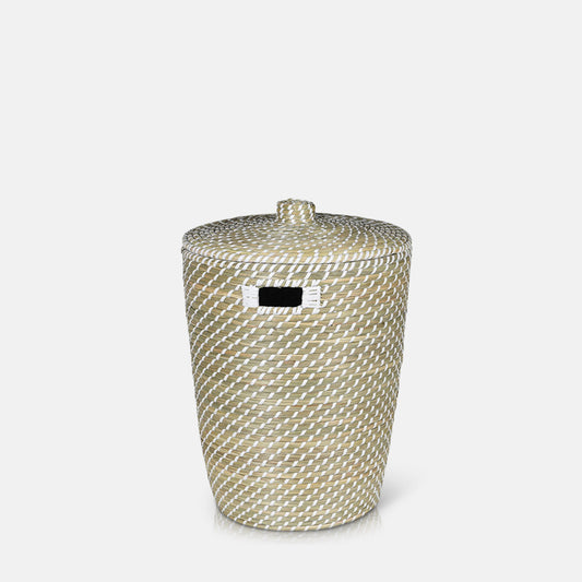 Tall woven basket with white stitching and a round lid