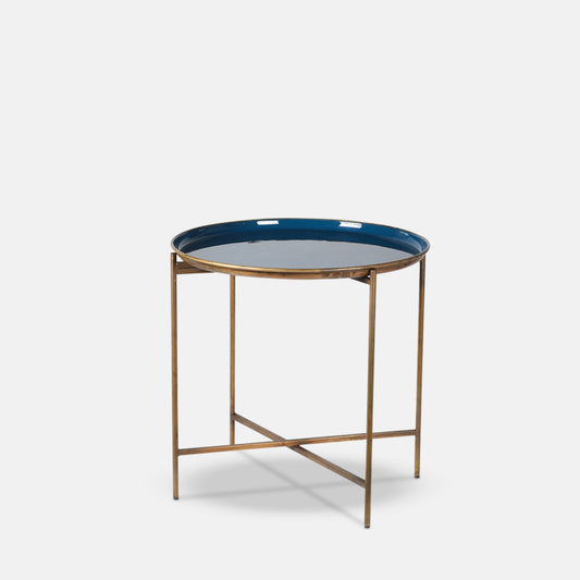 Blue enamel tray side table with gold legs.