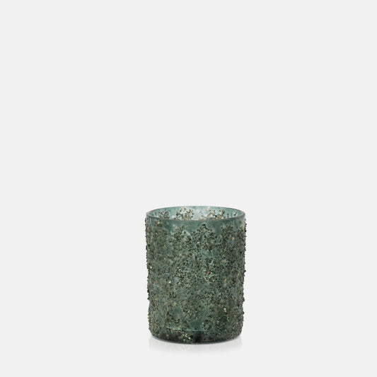 Green frosted glass tealight holder with textured glittery glass finish.