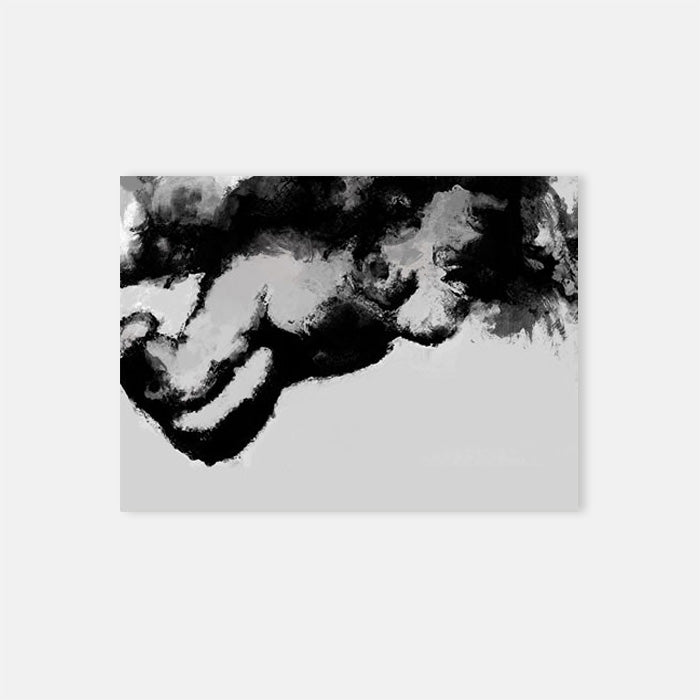 Audrey, a rectangular monochrome print of a female nude in soft sudged black brushstrokes against a light grey background.