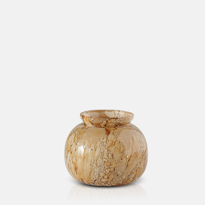 Low round glass vase in marbled brown finish.