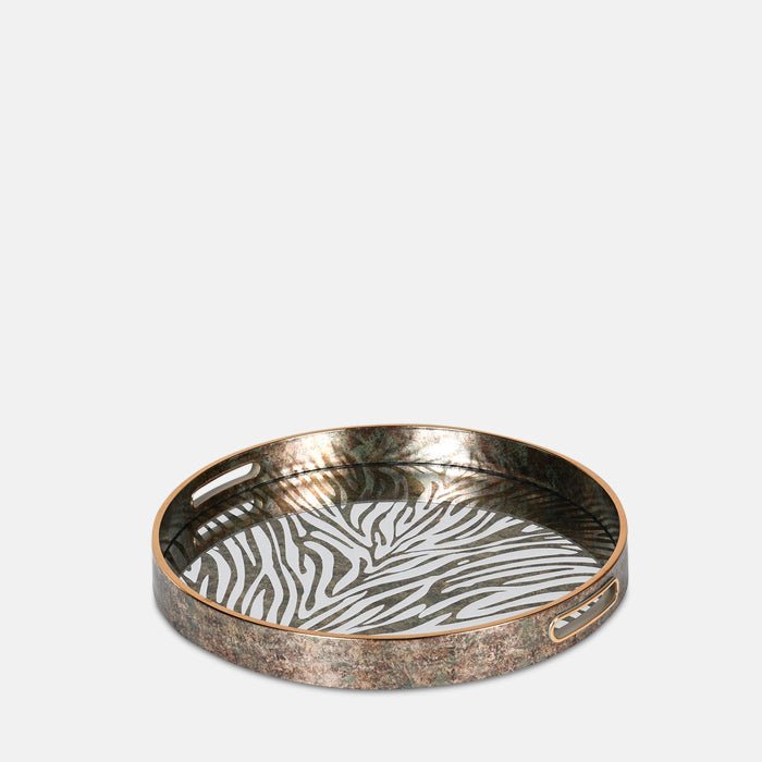 Mirrored zebra patterned round tray with a golden rim and handles