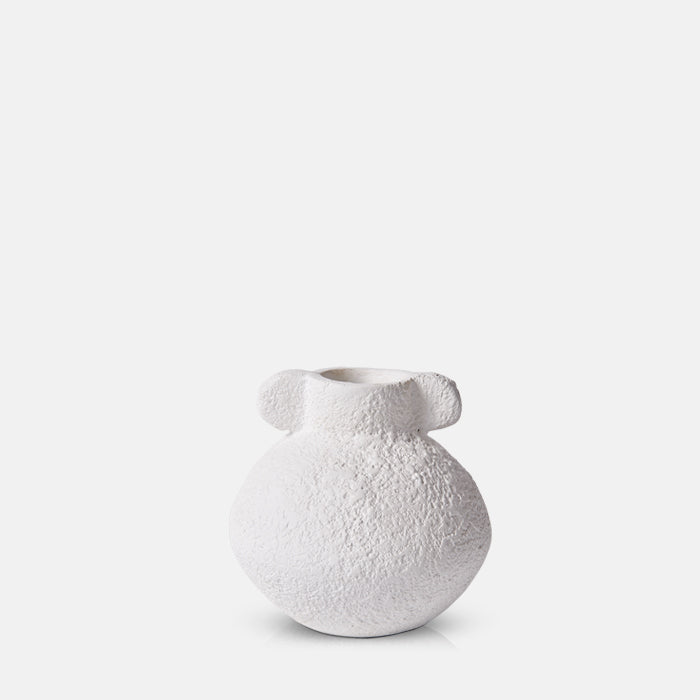 White ecomix vase with curved round base and tapered neck with two bobble handles.