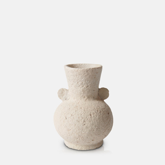 Curved ecomix vase with wide tapered neck and scallop handle details, finished in creamy beige.