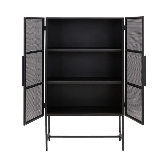 A black metal cabinet with two doors opened to reveal three internal shelves.